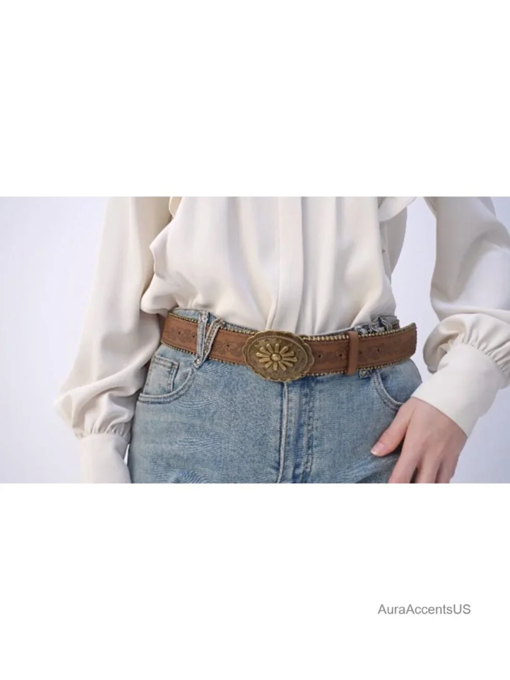 Faux Leather Western Belt with Vintage Floral Embossing
